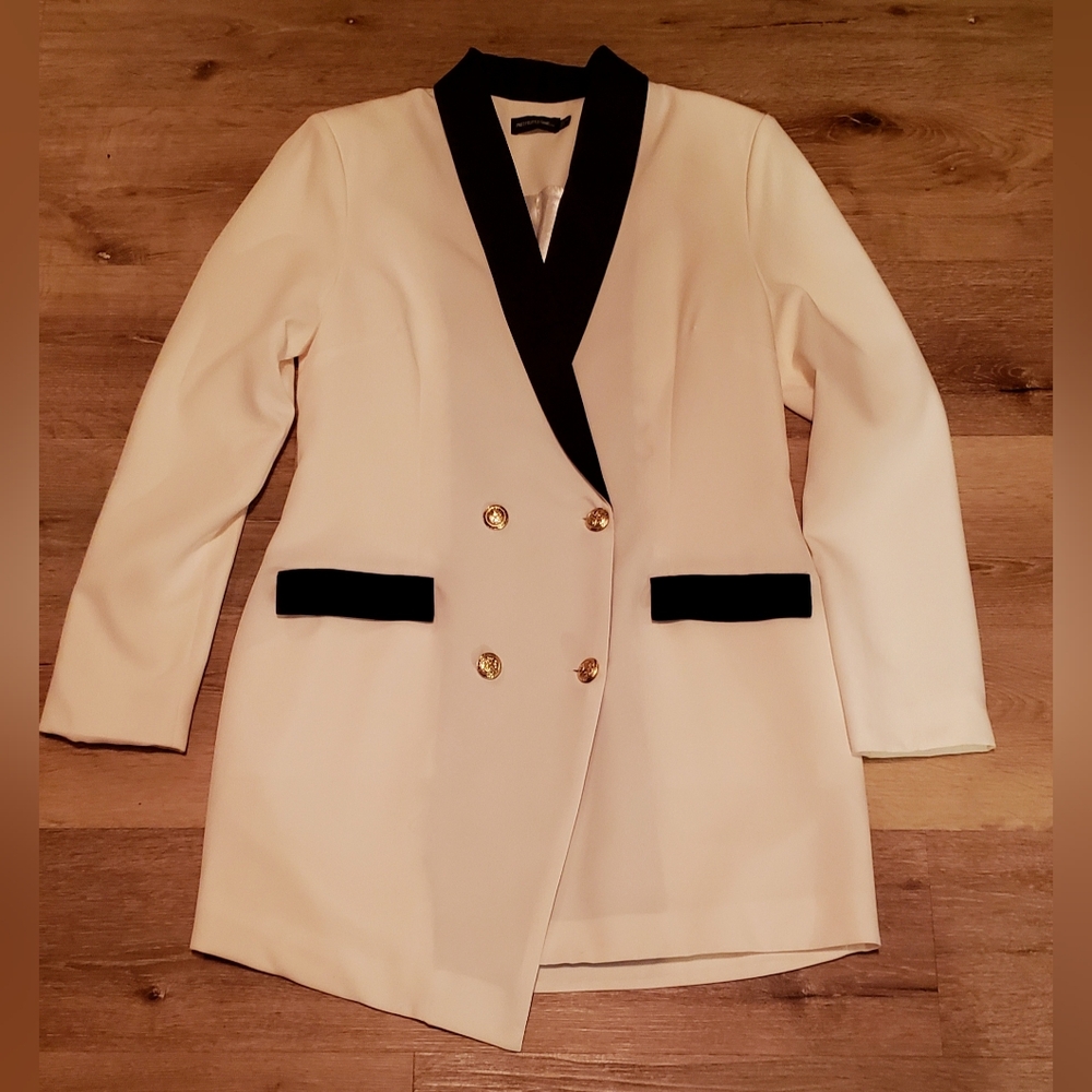 BOOHOO White with Black Lapel Blazer Dress with Custom Gold Button Additions